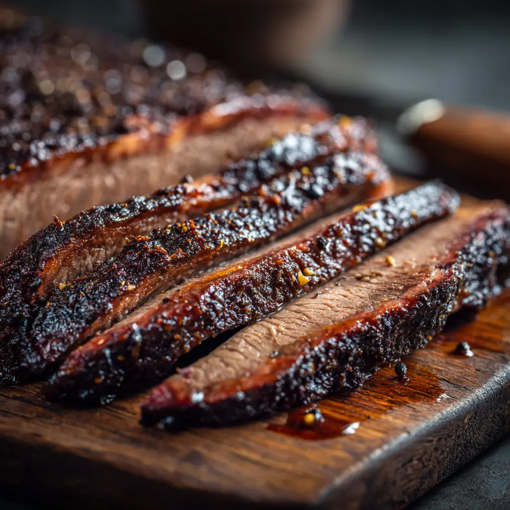Close-up of a single fork-tender slice of Oven Baked Beef Brisket being pulled away from the pile.