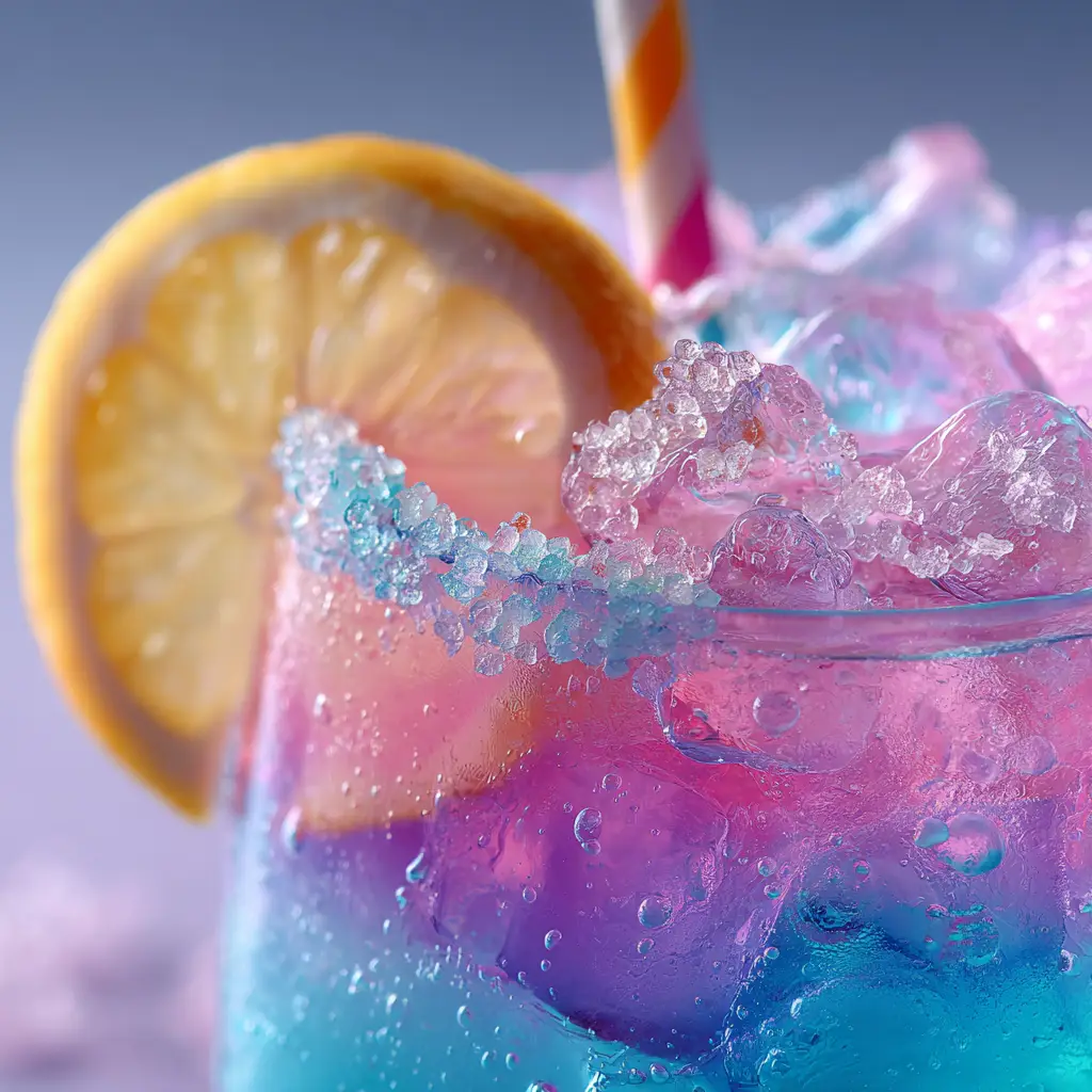 Extreme close-up of a sparkling sugar rim and a fresh lemon wedge on a purple and blue lemonade.