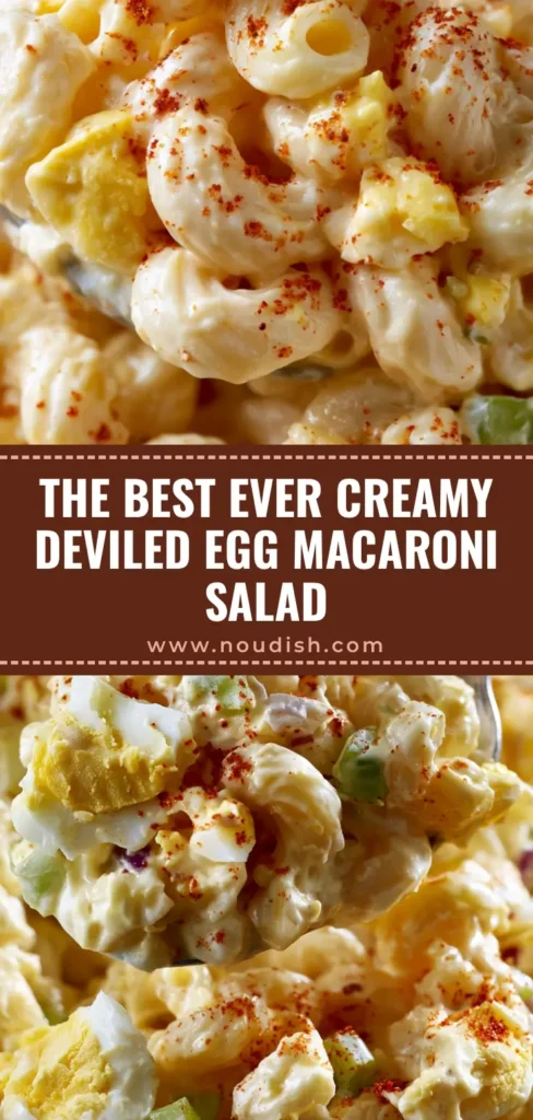 A Pinterest-optimized view of Deviled Egg Macaroni Salad being lifted by a silver spoon, showing glossy dressing and red paprika dusting.
