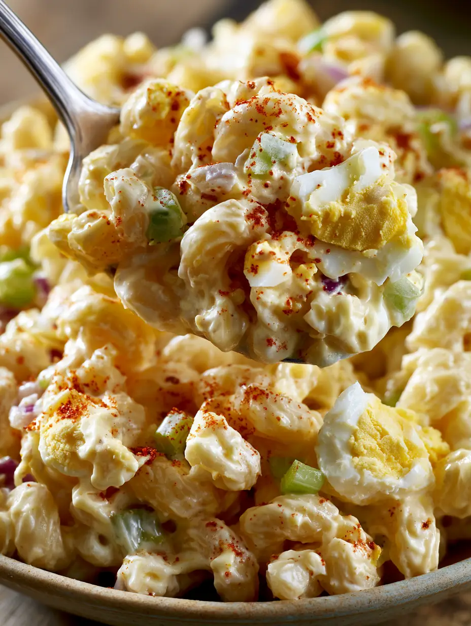 Extreme macro close-up of creamy deviled egg macaroni salad with glossy dressing and irregular chunks of hard-boiled eggs.
