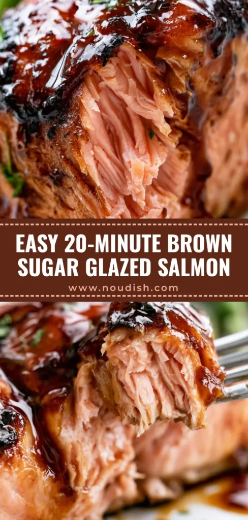 A fork lifting a flaky bite of Brown Sugar Glazed Salmon with a bubbling, glossy glaze and caramelized edges.