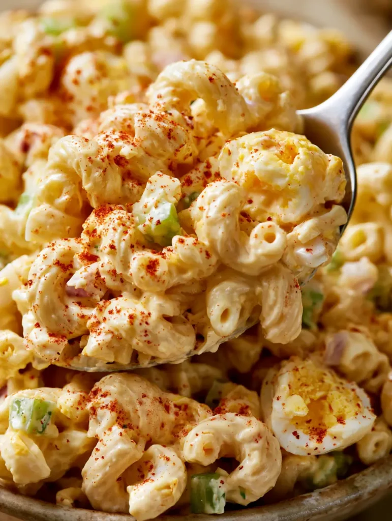 A close-up shot of the textures in Deviled Egg Macaroni Salad featuring red onion, celery, and golden egg yolks.