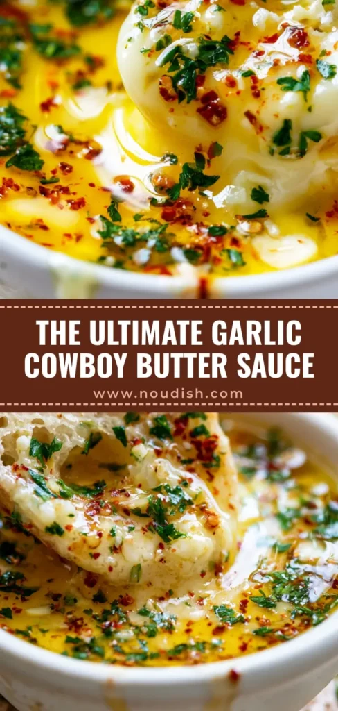 A close-up of a bowl of melted Cowboy Butter Recipe dipping sauce with bread being dipped into the golden liquid.