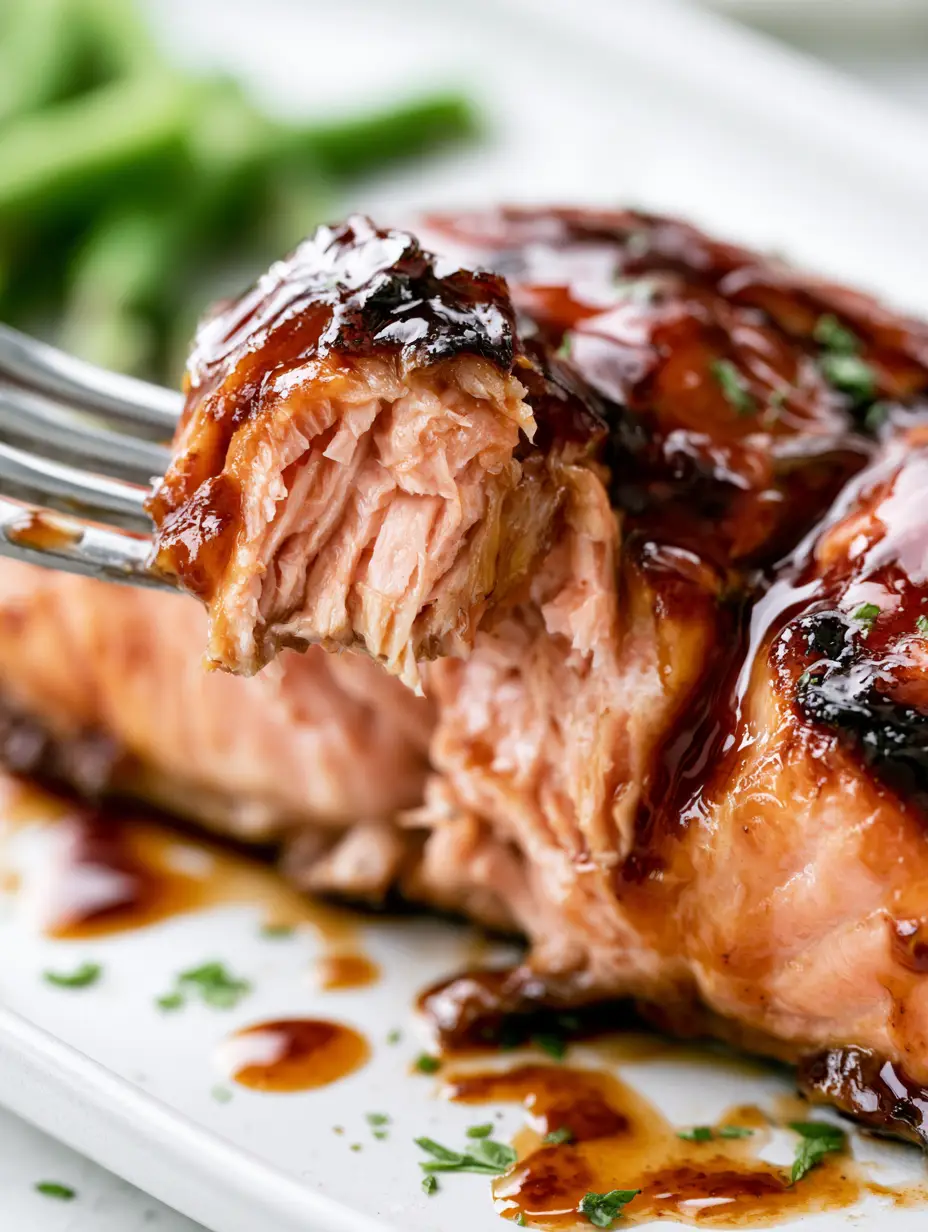 Extreme macro close-up of a succulent salmon fillet with thick glossy brown sugar glaze and scattered parsley.