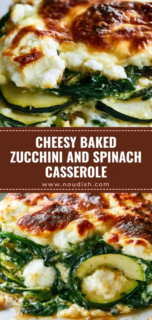 A tall Pinterest-style image showing a scooped portion of Zucchini Spinach Feta Casserole with golden-brown blistered cheese and vibrant green spinach.
