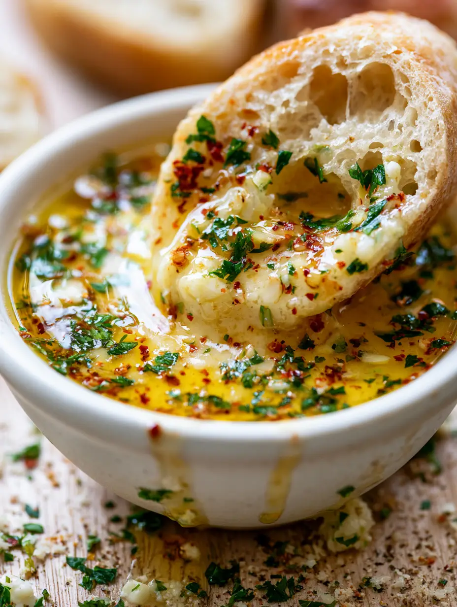 Macro shot of melted butter with herb specks and garlic bits (Cowboy Butter Recipe).