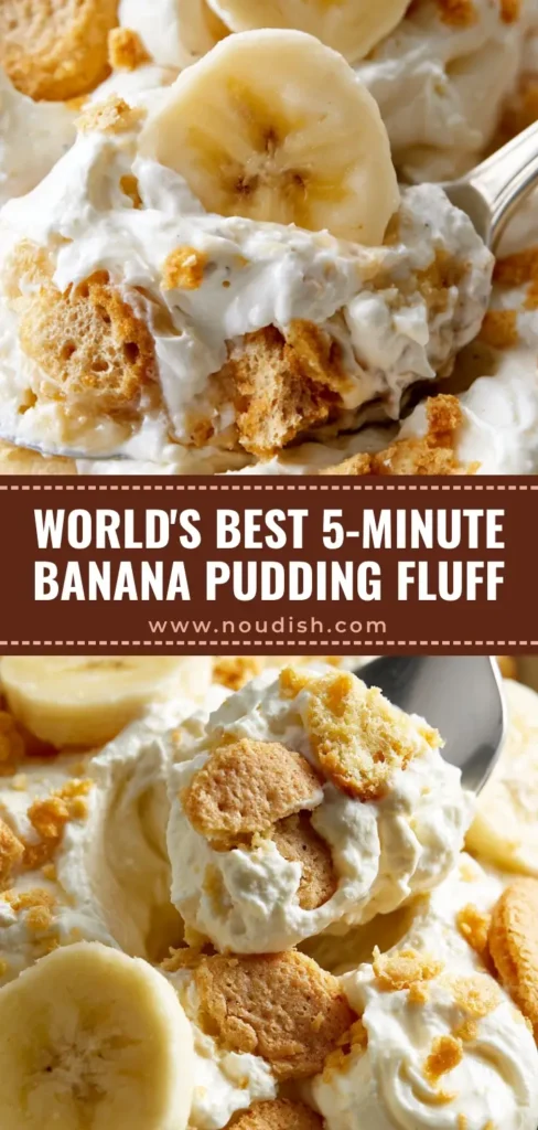 A tall vertical shot of Banana Pudding Fluff Salad showing thick velvety pudding and golden vanilla wafers topped with fresh banana slices.