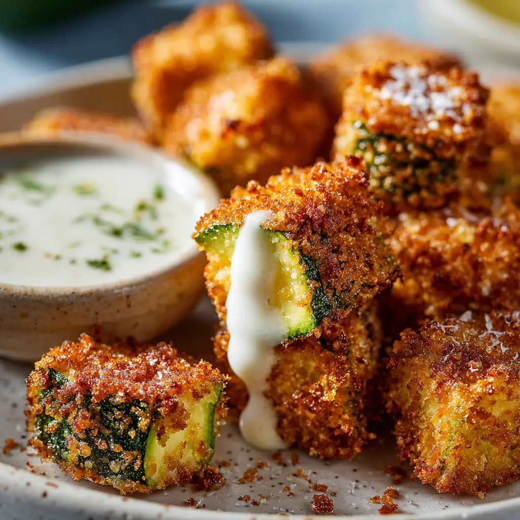 Golden brown Air Fryer Zucchini Bites being dipped into a creamy white garlic herb sauce with a single thick drip.