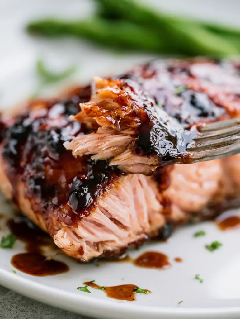 A close-up view of caramelized salmon edges and irregular glaze drips on a white plate with asparagus.