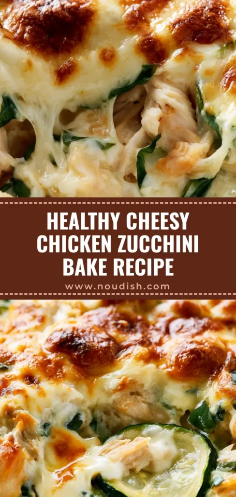 A close-up shot of a cheesy Chicken Zucchini Bake in a white dish featuring blistered mozzarella and fresh basil.