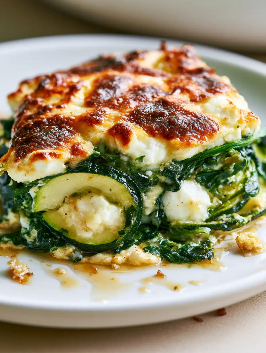 An extreme macro close-up of a scooped portion of Zucchini Spinach Feta Casserole showing layered zucchini rounds and melted feta.