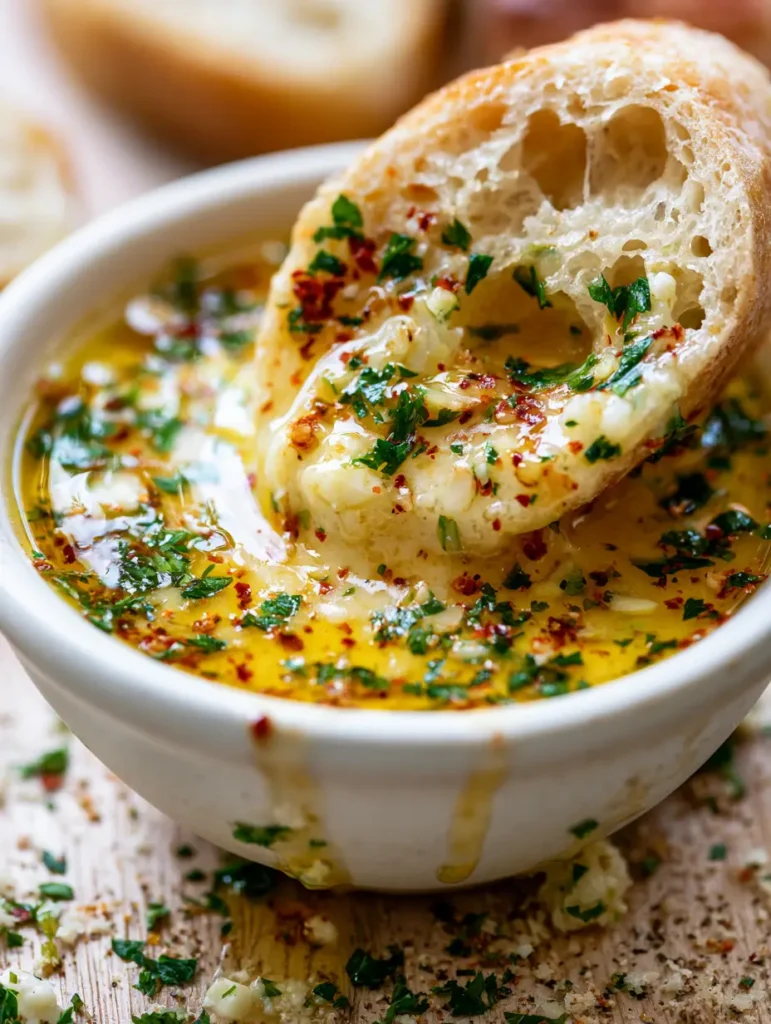 Crusty bread dipping into a bowl of golden Cowboy Butter Recipe sauce with visible drips.