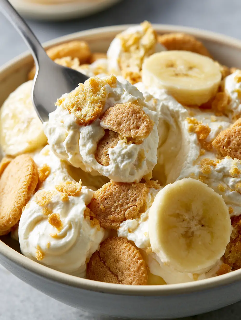Extreme macro close-up of Banana Pudding Fluff Salad showing the contrast between smooth cream and crumbly cookie bits on a silver spoon.