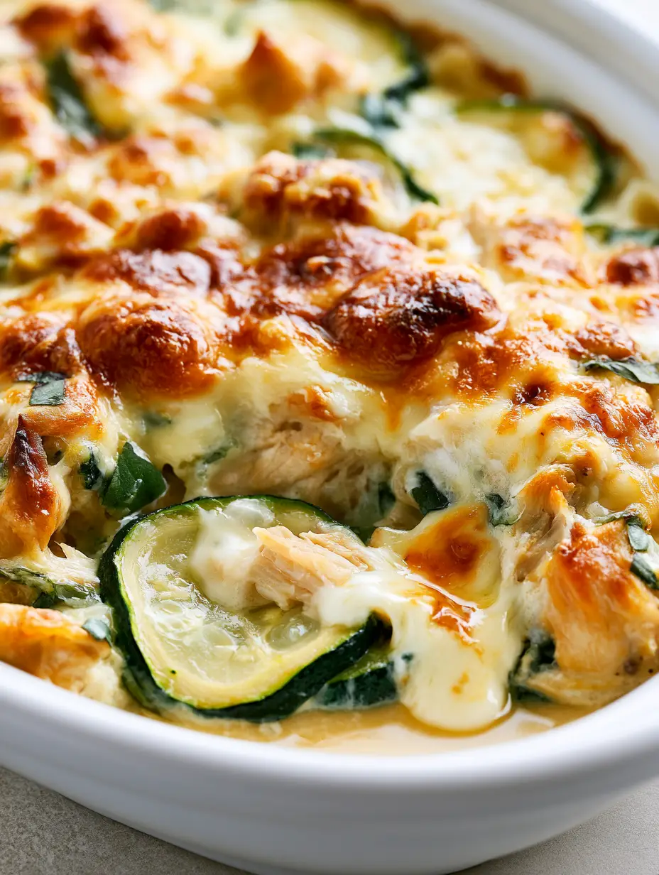Extreme macro of bubbling browned mozzarella cheese on a Chicken Zucchini Bake.