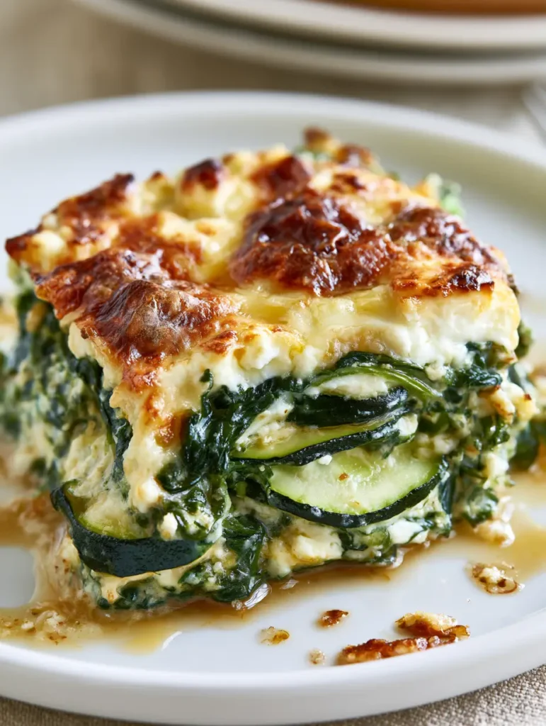 Close-up of golden-brown blistered cheese on top of a Zucchini Spinach Feta Casserole with visible savory juices.