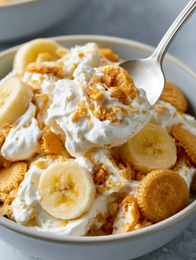 Macro view of beautifully messy dollops of Banana Pudding Fluff Salad with scattered natural wafer crumbs in a ceramic bowl.