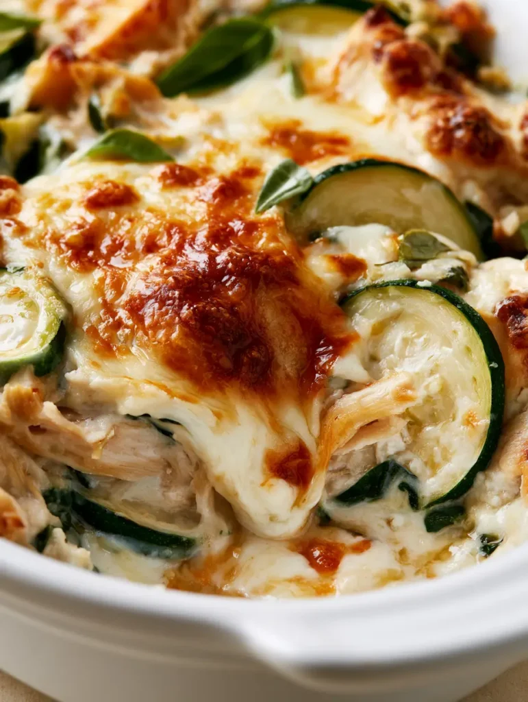 A scooped portion of Chicken Zucchini Bake showing a messy cheese pull and translucent zucchini.