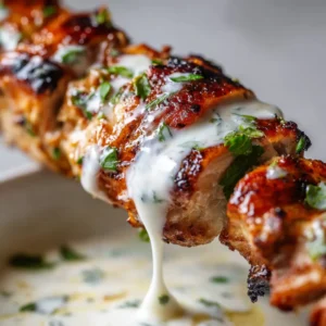 Extreme macro close-up of a juicy grilled Greek chicken skewer being dipped into creamy white yogurt sauce with charred brown edges and fibrous meat texture. (Greek Chicken Marinade)