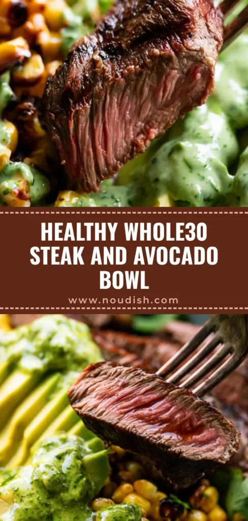 A close-up vertical shot of a Whole30 Steak and Avocado Bowl with grilled steak, avocado wedges, and cilantro cream drizzle.