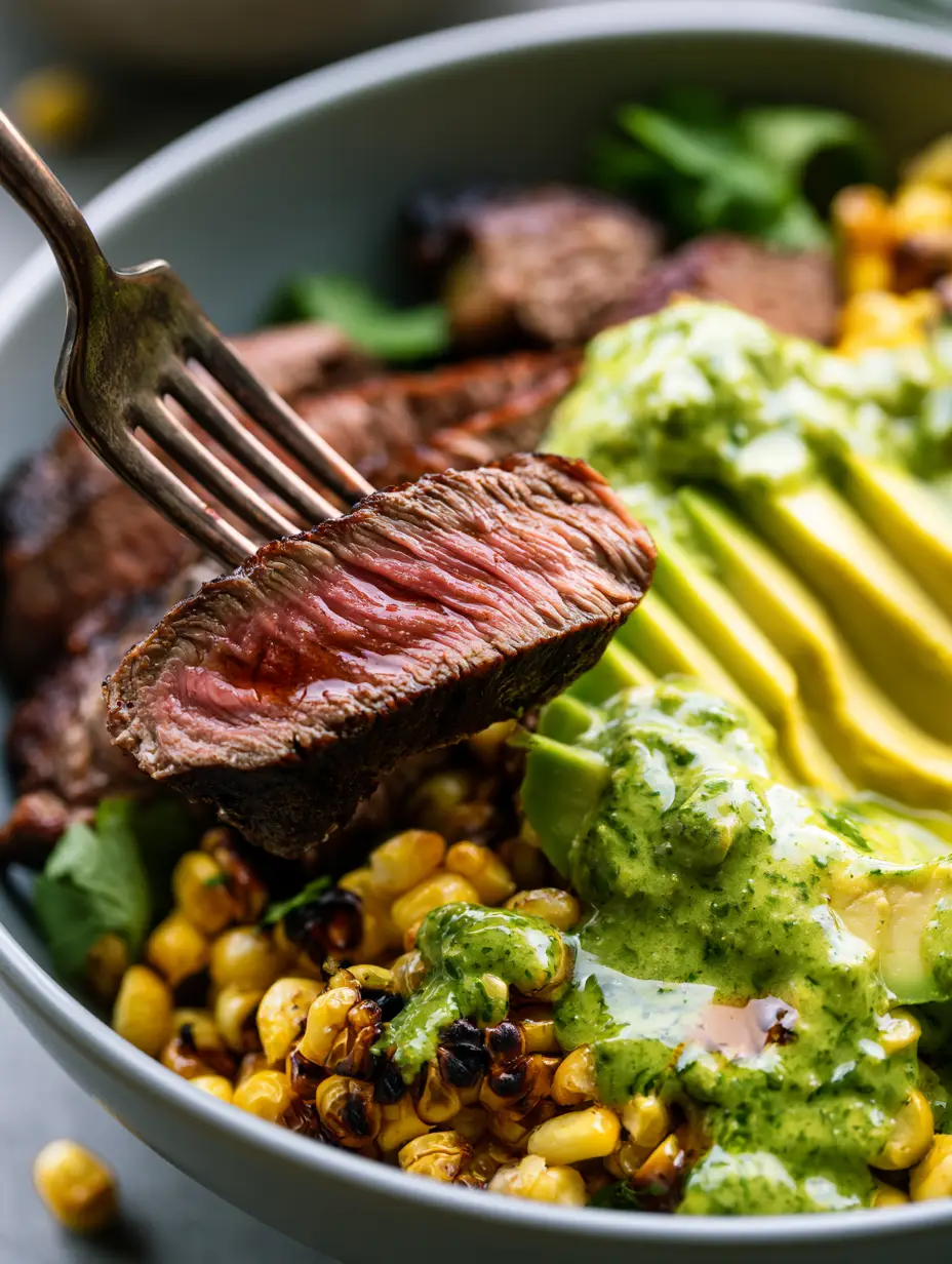 Extreme macro close-up of a fork lifting a juicy slice of medium-rare steak from a Whole30 Steak and Avocado Bowl.