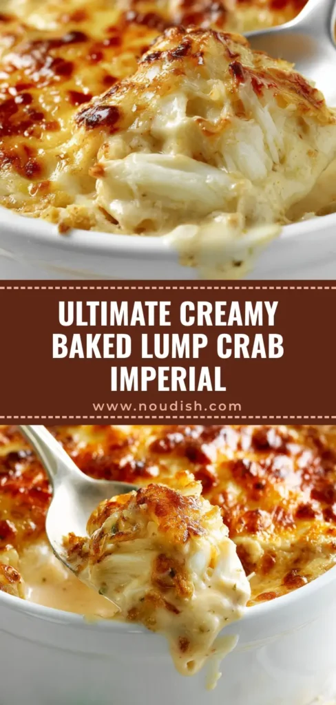 A silver spoon lifting a scoop of bubbling Crab Imperial from a white ramekin, showing large chunks of crab meat. (Crab Imperial Recipe)