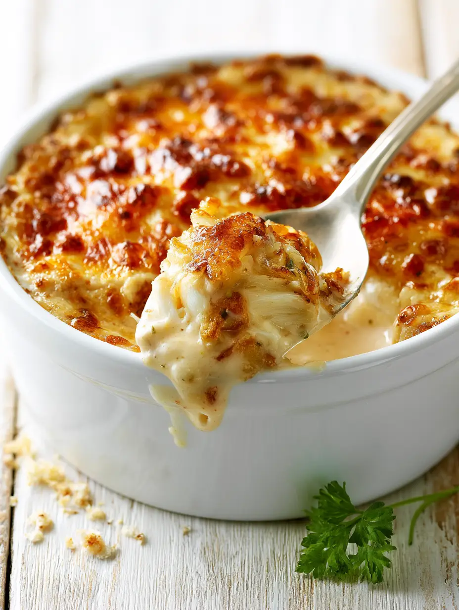 Extreme macro of Crab Imperial Recipe showing blistered golden brown cheese and fibrous lump crab chunks.