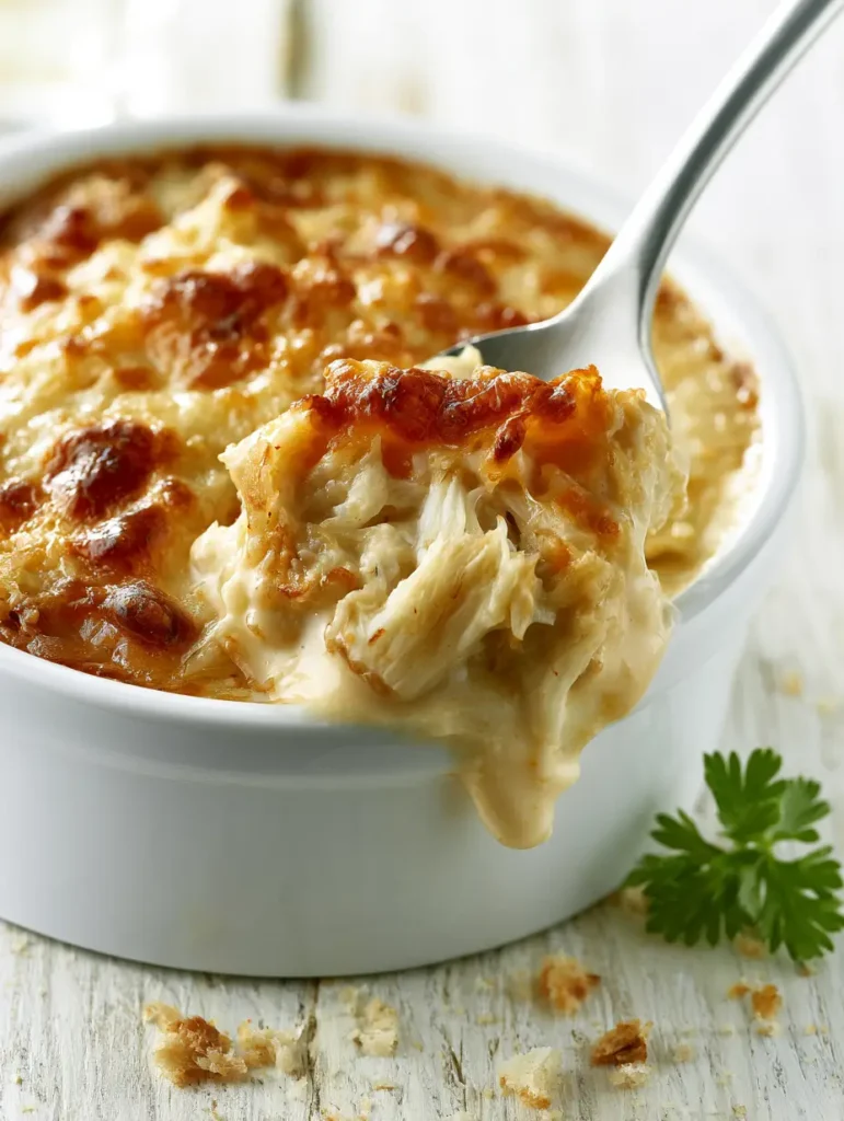 Bubbling creamy sauce and melted cheese in a Crab Imperial ramekin with a glossy oily sheen.