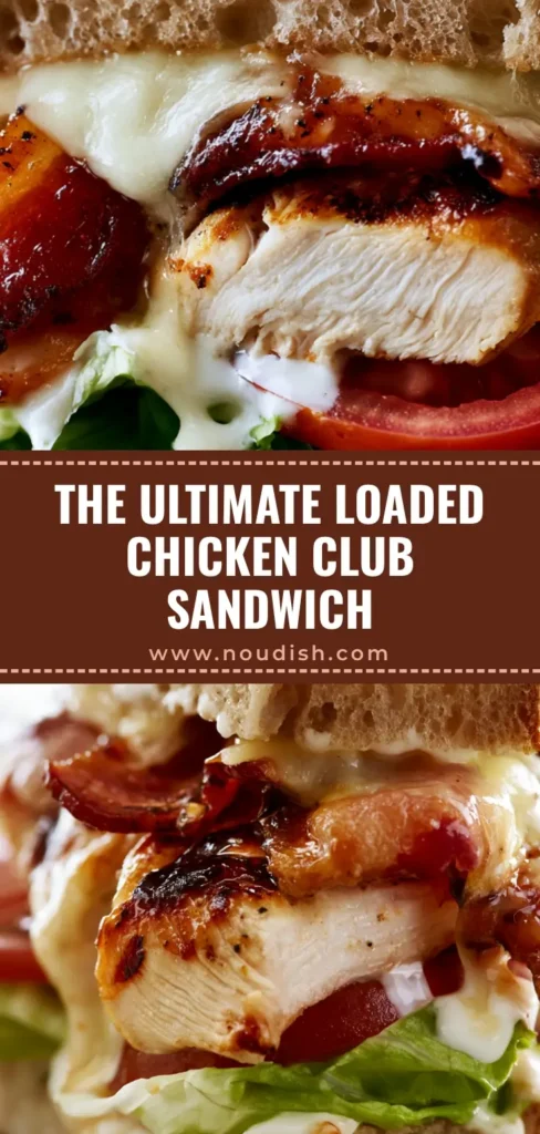 Loaded Chicken Club Sandwich with Crispy Bacon and Melted Cheese 4 Extreme macro close-up of a Loaded Chicken Club Sandwich with layers of grilled chicken, melted cheese drips, and crispy bacon on toasted sourdough.