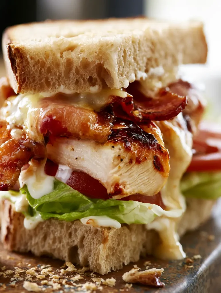 A close-up cross-section of a Loaded Chicken Club Sandwich showing the fibrous texture of juicy grilled chicken and golden sourdough bread.