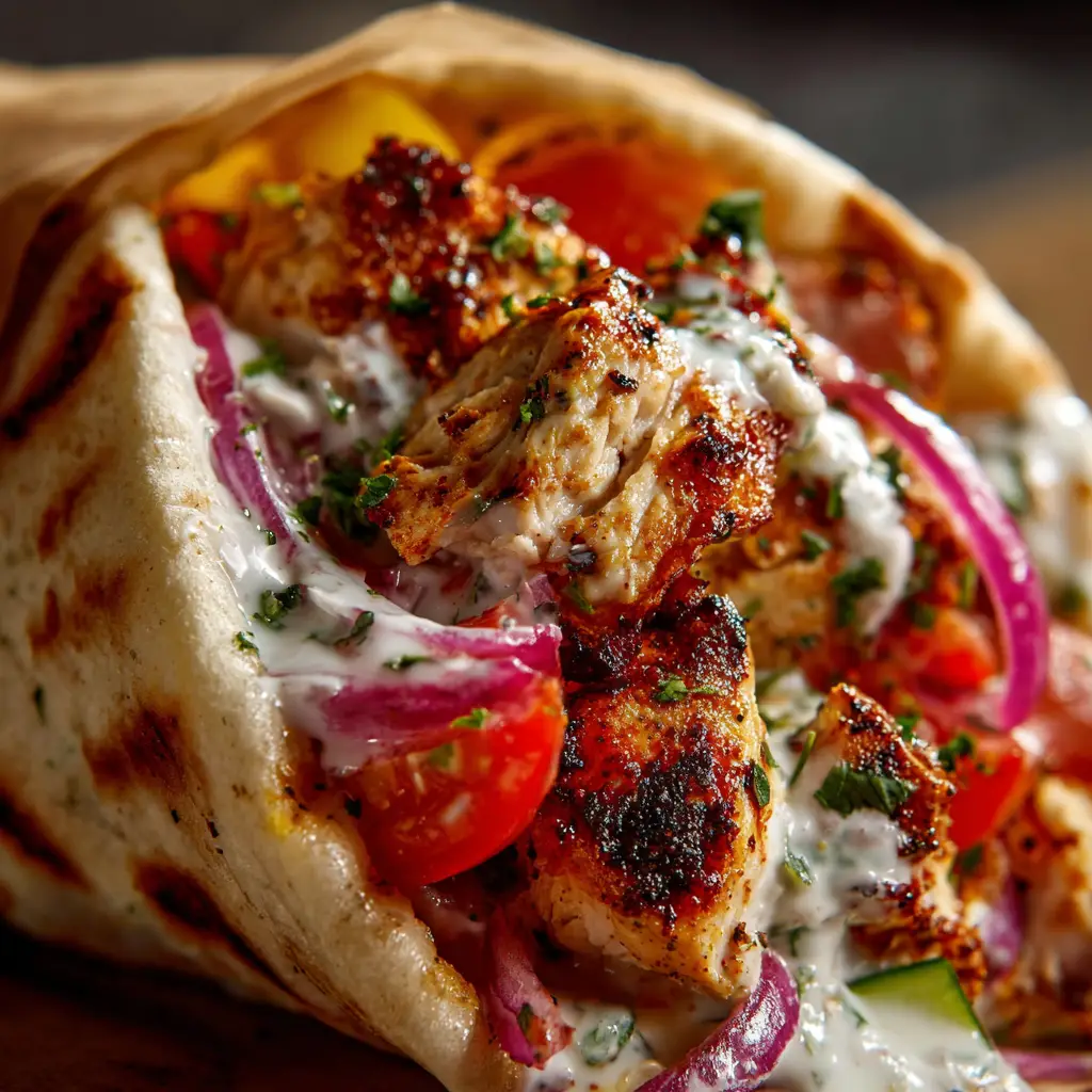 Hyper-realistic detail of Greek Chicken Gyros featuring translucent red onions and fresh green herbs.