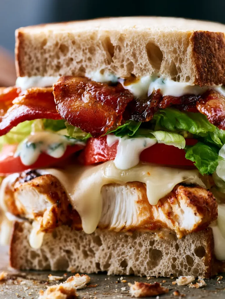 Loaded Chicken Club Sandwich with Crispy Bacon and Melted Cheese 1 Messy styling of a Loaded Chicken Club Sandwich with creamy sauce oozing between vibrant lettuce and red tomato slices.
