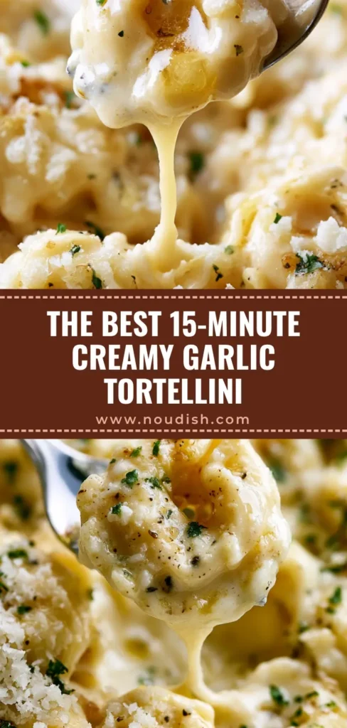 A close-up shot of Creamy Garlic Butter Tortellini in a white bowl with a silver spoon scooping a single pasta, showcasing a glossy sauce and fresh parsley.