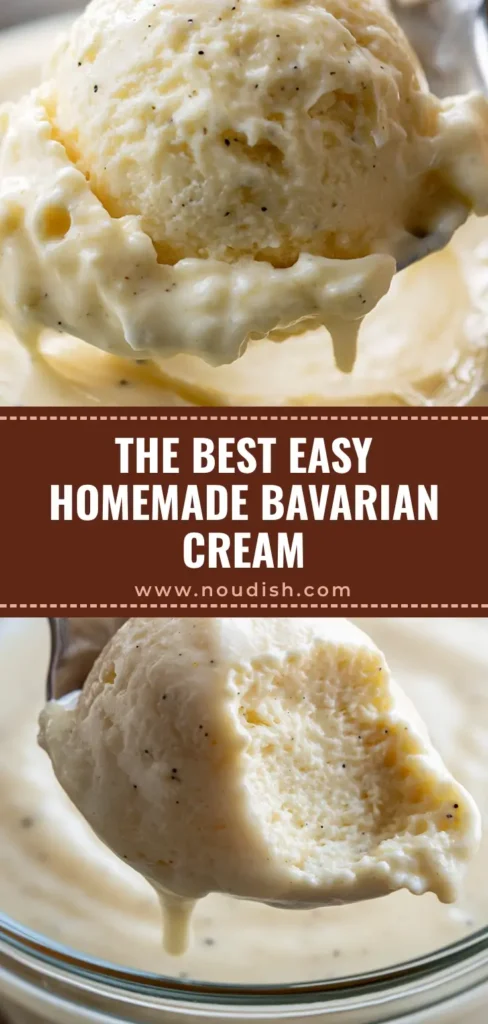 A silver spoon lifting a velvety scoop of pale ivory custard from a glass bowl, showing real vanilla bean specks. (Bavarian Cream Recipe)