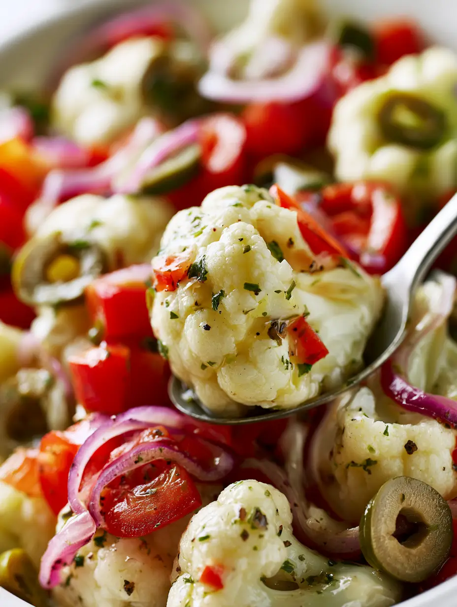 Extreme macro of a Marinated Cauliflower Salad floret on a spoon, showing a glossy oily sheen and vibrant herb flecks.