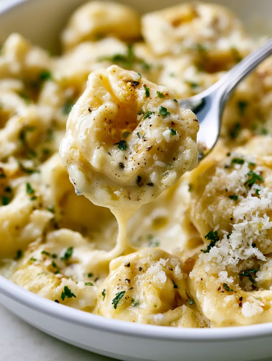 Extreme macro photography of Creamy Garlic Butter Tortellini with bubbling cream sauce and visible grains of parmesan cheese.