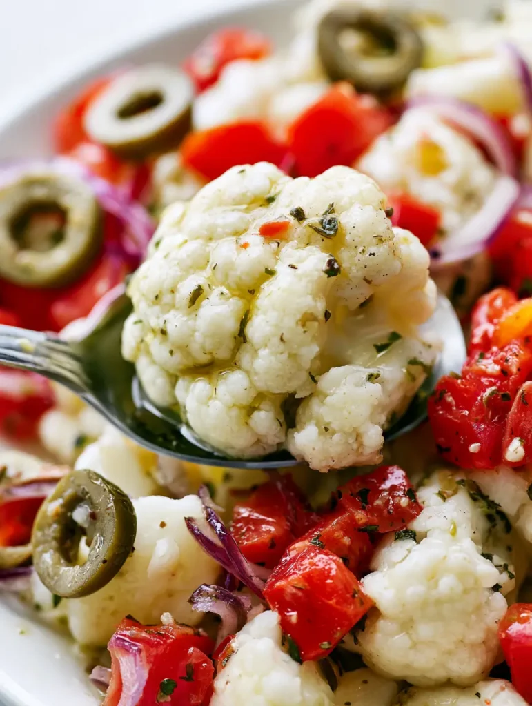 Detailed view of irregular diced red peppers and translucent red onion slivers in a marinated cauliflower salad.