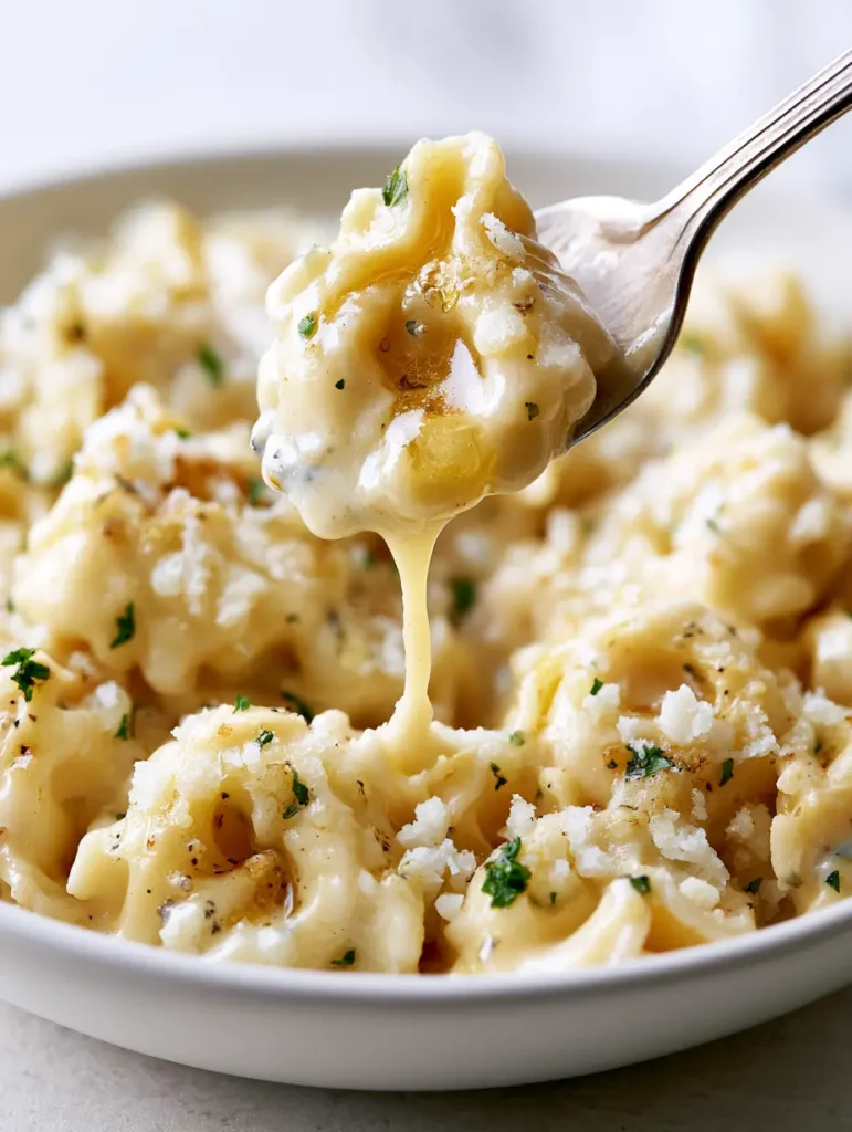 Close-up of cheese tortellini coated in a rich garlic butter cream sauce with asymmetrical drips and fresh parsley flecks.