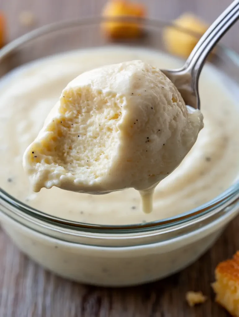 A close-up view of the thick and rich consistency of the custard being served.