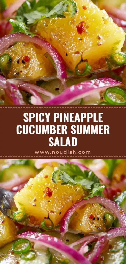 A close-up vertical shot of Spicy Pineapple Cucumber Salad with a silver fork lifting a bite, showing glistening pineapple and translucent cucumber slices.