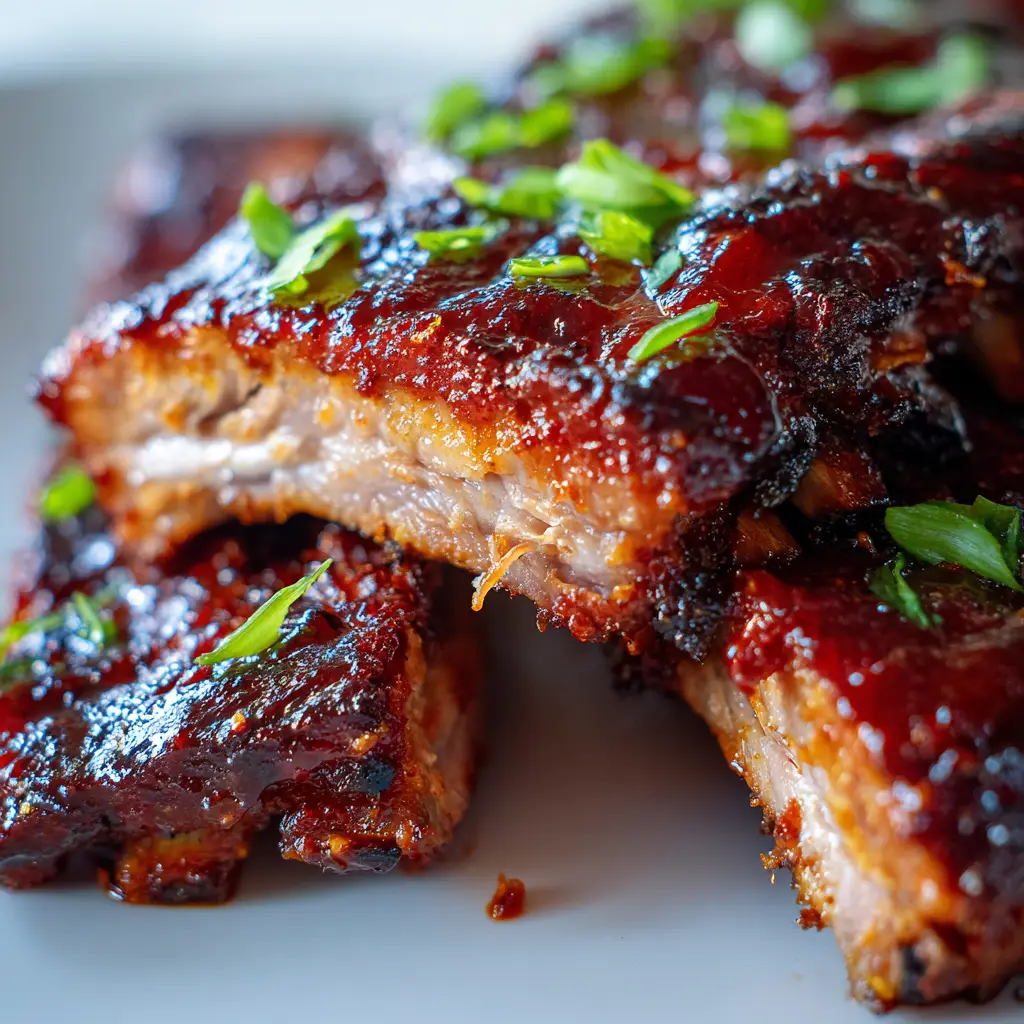 Extreme macro close-up of succulent Crockpot BBQ Ribs showing a thick, glossy mahogany sauce and blistered edges.