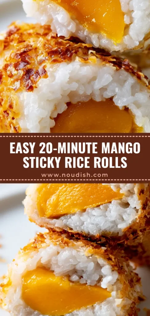 A professional vertical Pinterest pin featuring Mango Sticky Rice Rolls sliced in half to show the juicy orange mango center and toasted coconut coating.