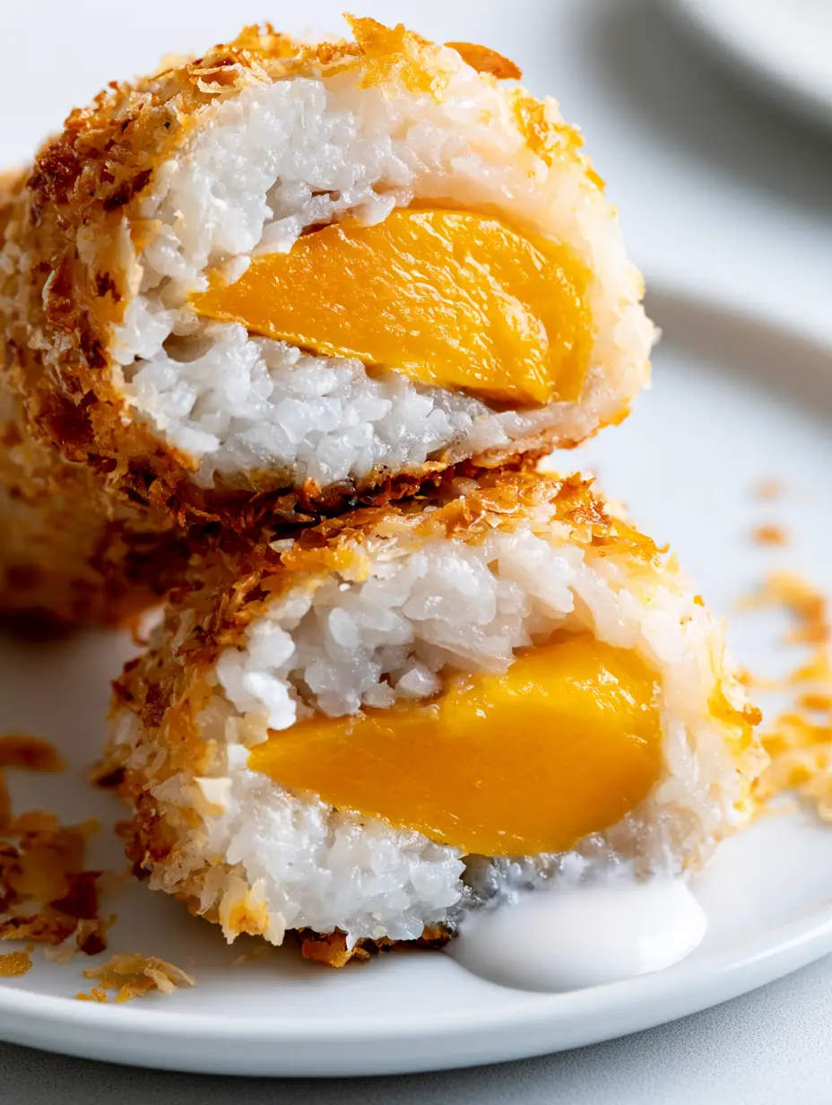 Extreme macro close up of Mango Sticky Rice Rolls showing the oily sheen of toasted coconut flakes and juicy mango slices.