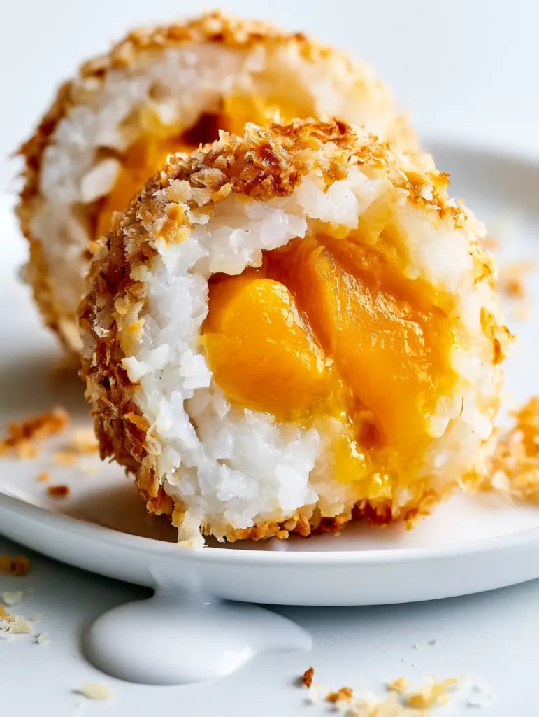A cross-section view of a Mango Sticky Rice Roll on a white plate with a drip of coconut cream sauce.