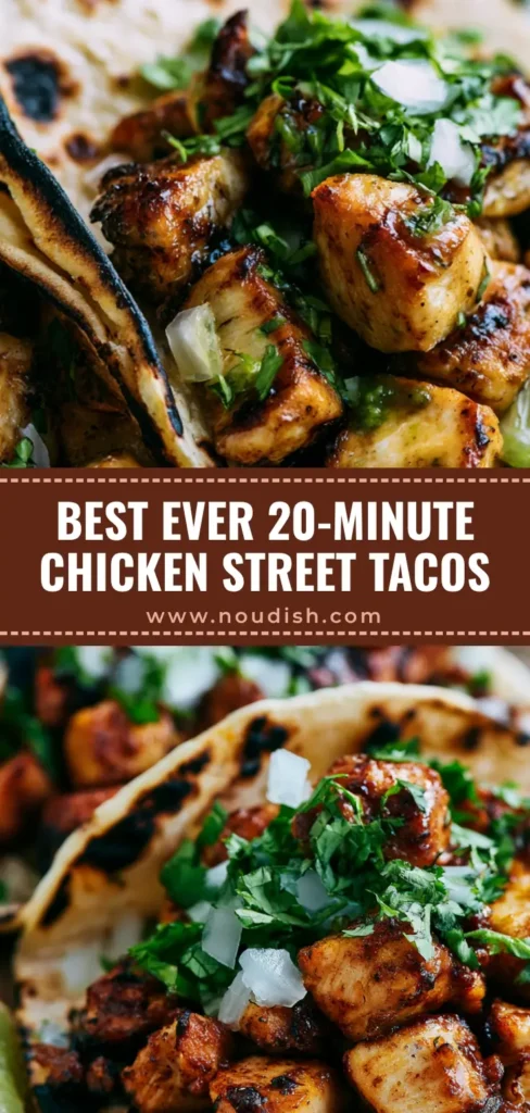 A vertical shot of authentic Chicken Street Tacos with charred edges, white cheese crumbles, and fresh cilantro on a corn tortilla.