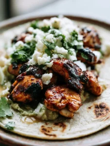 Extreme macro close-up of Chicken Street Tacos showing glossy charred chicken and white cheese crumbles.