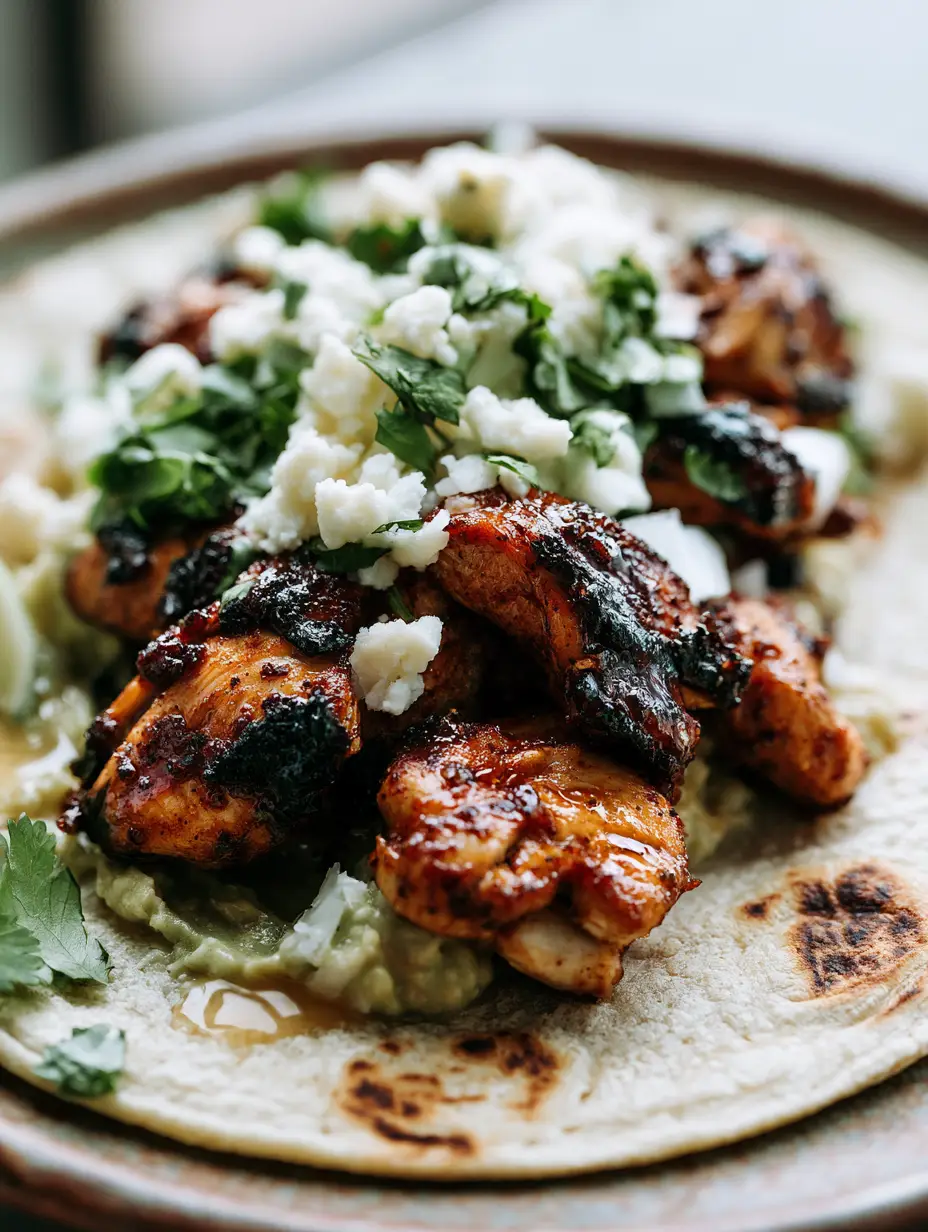 Extreme macro close-up of Chicken Street Tacos showing glossy charred chicken and white cheese crumbles.