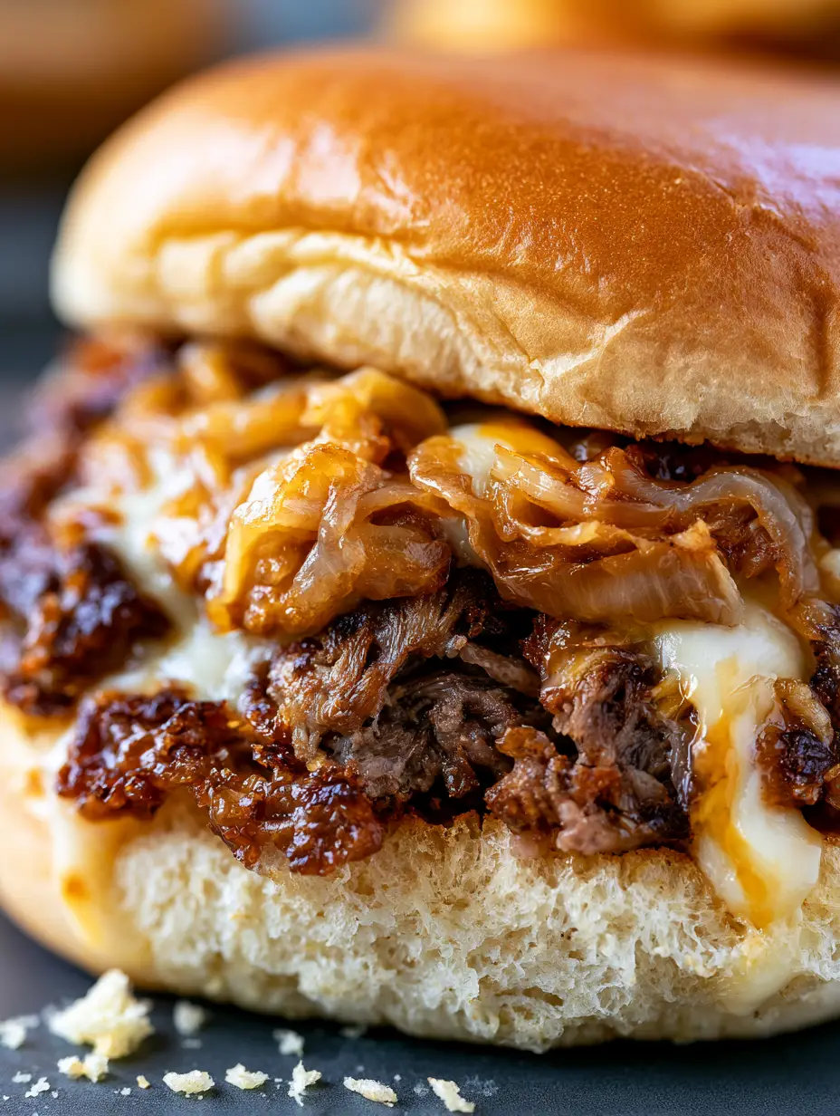 Macro close-up of a smashed beef patty showing blistered lacy edges and translucent caramelized onions. (Oklahoma Onion Smash Burger)