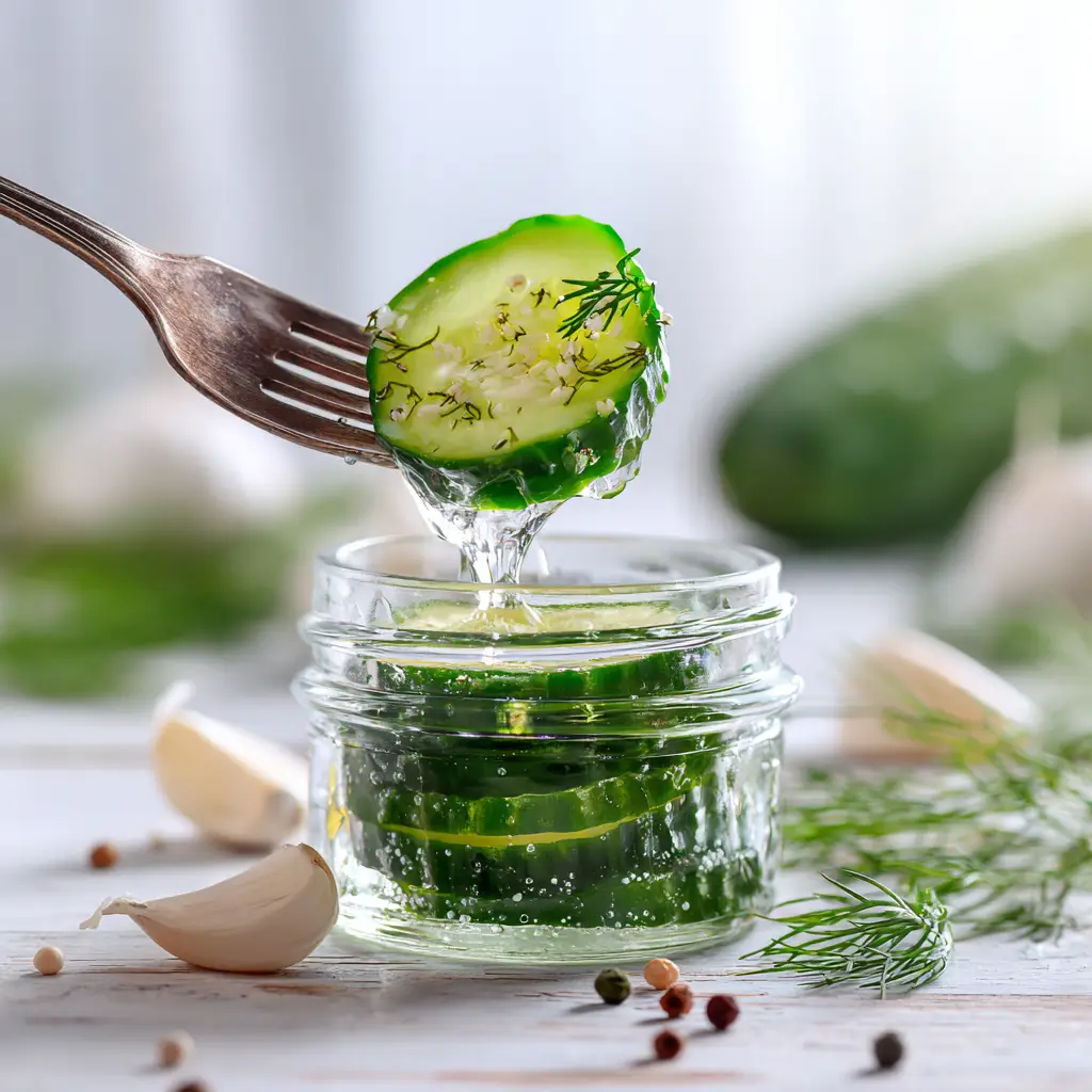Detail of round ridged Refrigerator Pickles in a glass jar with whole white garlic cloves.