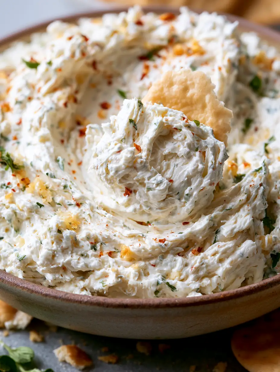 Extreme macro close-up of Cowboy Cream Cheese in a rustic bowl showing glossy whipped texture and fine green herb flecks.
