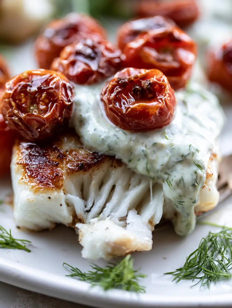 Detailed close-up showing the fibrous flaky texture of Grilled Cod with Dill Sauce and glossy oily sheen.